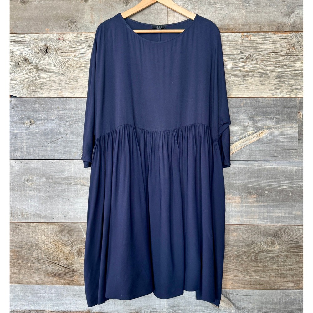 COS Gathered Baby Doll Midi Dress 8 Navy Rayon Wool Blend Dolman Relax Oversized